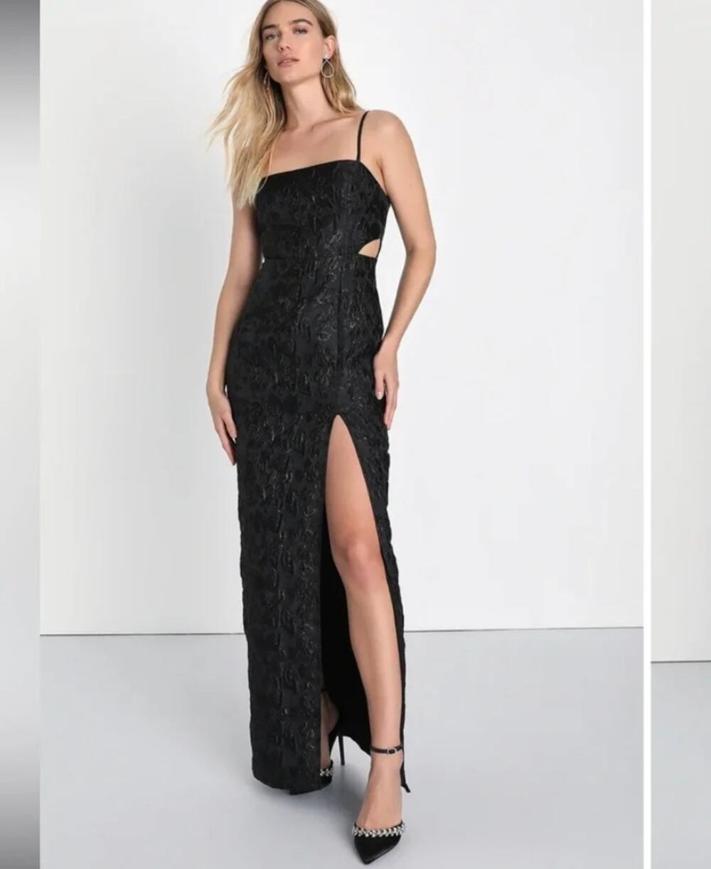 LULUS Gorgeously Chic Black Floral Jacquard Cutout Maxi Dress NWT L